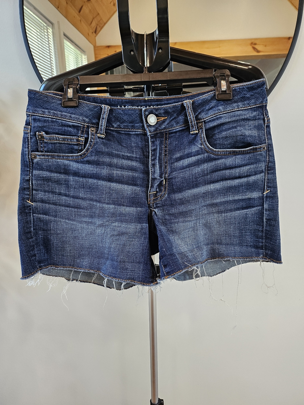 American Eagle Outfitters Dark Blue Frayed Hem Denim Shorts
